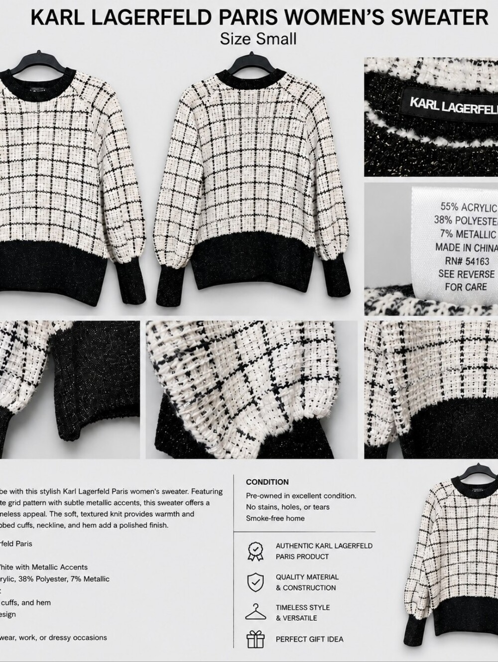 Karl Lagerfeld Monochrome Checkered Women's Sweater Size Small